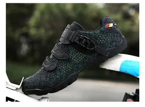 Detailed view of breathable cycling shoes with quick-adjust buckle and velcro straps