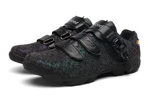 Detailed view of the iridescent reflective pattern and buckle system on men's cycling shoes