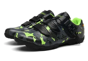 Mens camouflage mountain cycling shoes with neon green accents and buckle detail