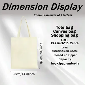 Detailed view of cream canvas tote bag with dimensions 35x39cm, perfect for shopping
