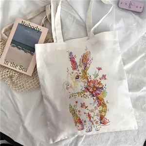 Grand sac fourre-tout en toile avec illustration de lapin floral coloré pour étudiants