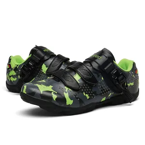 Professional green camouflage mountain bike cycling shoes with secure buckle closure system