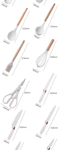 Detailed size specifications of white silicone kitchen utensil set with beech wood handles
