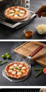 Detail view of a stainless steel pizza peel with an ergonomic wooden handle in use.