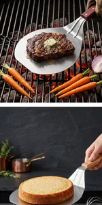 Large stainless steel pizza spatula with wooden handle for grilling steak and cake transfer.