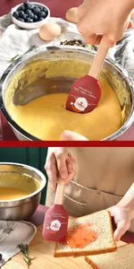 Detail showing Christmas silicone spatula spreading jam on toast and mixing batter