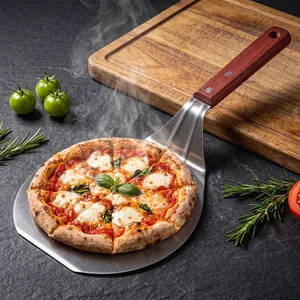 Large stainless steel pizza peel with ergonomic wooden handle for home baking use