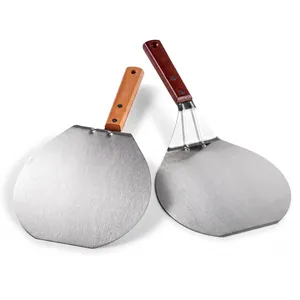 Professional stainless steel pizza peel set with wooden handles for baking and grilling