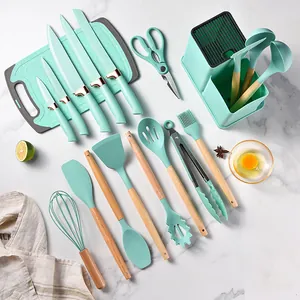 Multifunctional Silicone Kitchen Cooking Utensil Set With Beech Wood Handle Stainless Steel Knife Set And Cutting Board