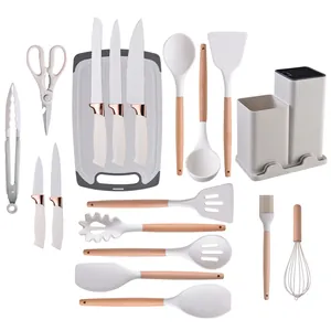 Complete 19-piece silicone kitchen utensil set with beech wood handles and storage