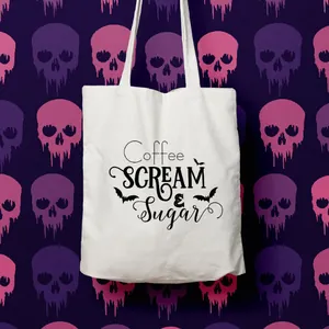 Close-up detail of the Coffee Scream and Sugar printed Halloween canvas tote bag.