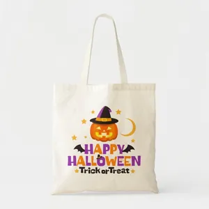 Halloween pumpkin print canvas tote bag for women with 'Trick or Treat' festive text