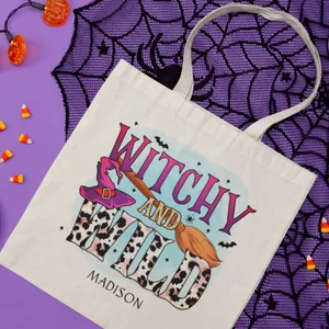 Halloween canvas tote bag with Witchy and Wild leopard print design detail