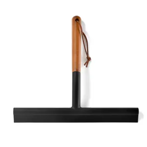 Sleek silicone window squeegee with natural wooden handle and leather strap for cleaning