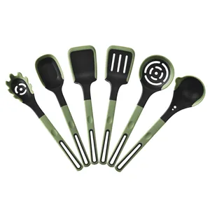 Complete 6-piece olive green silicone kitchen utensil set with heat resistant ergonomic handles