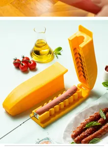 Manual sausage slicer and skewer tool in bright yellow for uniform scoring in kitchen.
