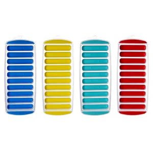 Set of 4 colorful silicone ice cube trays with 10 long strip slots on white background.