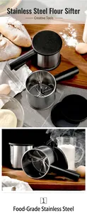 Detail view of semi-automatic stainless steel flour sifter with fine mesh and lid