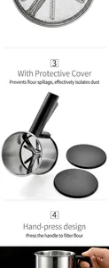 Detail of hand-pressed stainless steel flour sifter with black protective lids and handle
