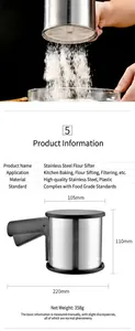 Detailed view of handheld stainless steel flour sifter with clear dimension specifications
