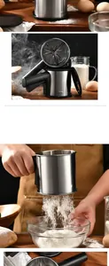High-quality manual stainless steel flour sifter demonstrated in a professional baking scene