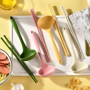 Integrated Non-stick Silicone Soup Spoon And Chopsticks Set Long Handle Tableware Heat Resistant Ramen Spoon For Home Kitchen