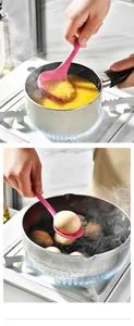 Action shots of pink silicone ladle stirring porridge and scooping boiled eggs in pots