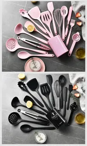 Professional silicone kitchen utensil set with storage bucket in pink and black finishes