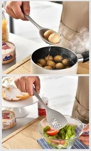 Close-up of heat-resistant silicone ladle and spoon being used in various cooking scenes