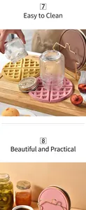 Close-up of pink waffle silicone pad used as a coaster for glass jar on wood board