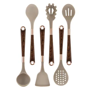 Set Utensili Da Cucina In Silicone Con Manico Effetto Legno Resistente Al Calore Antiaderente Mestolo Per Zuppa Spatola Accessori