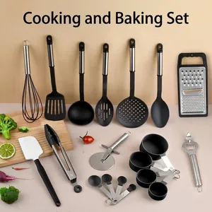 Nylon Stainless Steel Kitchen Utensil Set Cooking Baking Heat Resistant Nonstick Spatula Spoon Ladle Whisk Measuring Cups Tools