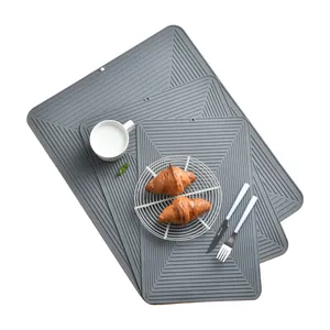 Nordic style grey silicone dish drying mats with grooved heat resistant surface for kitchen