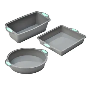 Professional 3-piece gray silicone baking mold set including round, square and loaf pans