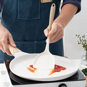 Heat-resistant silicone turner spatula for non-stick pans in cream white and tan