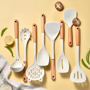Silicone Kitchen Cooking Utensils Set With Beech Wood Handle Heat Resistant Non Stick Spatula Soup Ladle Pasta Server Spoon