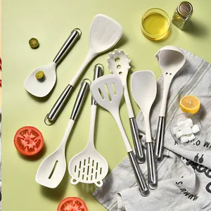 Silicone Cooking Utensils Set With Stainless Steel Hollow Handle Heat Resistant Non-Stick Spatula Ladle Skimmer Soup Spoon Pasta Server For Kitchen Cooking