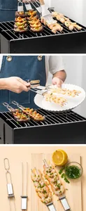 Detailed view of semi-automatic stainless steel BBQ skewers with food on a wooden board.