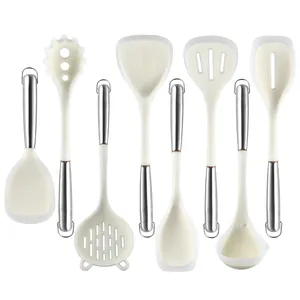 7-piece white silicone kitchen utensil set with stainless steel handles for non-stick cooking