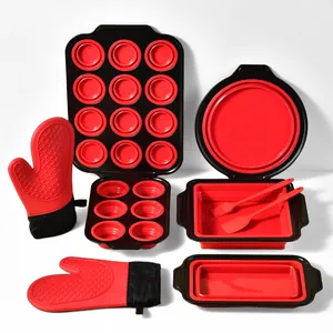 10-piece red and black silicone folding baking tool set with muffin pans and mitts