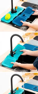 Detailed view of flexible silicone faucet splash guard installation on kitchen sink