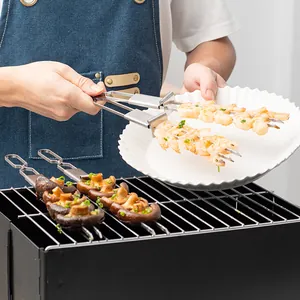 Stainless steel semi-automatic BBQ skewers with grilled shrimp and mushrooms over a grill