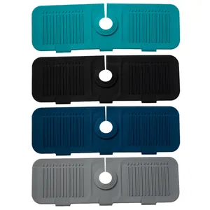 Four colorful silicone faucet splash guards and drip mats for modern kitchen sink drainage.