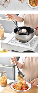 Close-up of silicone spaghetti server and soup ladle with wooden handle in use.