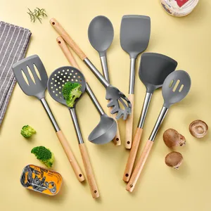 Heat Resistant Silicone Kitchen Utensils Set with Wooden Handle Stainless Steel Splicing Cooking Spatula Soup Spoon Nonstick Kitchenware Tools