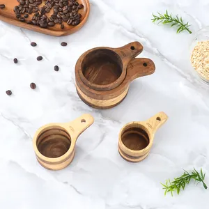 Acacia Wood Measuring Cups Set Natural Wood Kitchen Baking Tools Measuring Spoons For Flour Coffee Beans Grains Modern Style