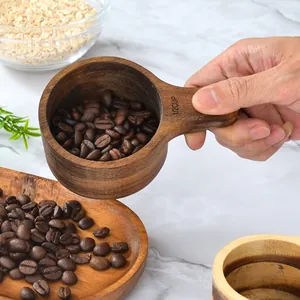 Premium handcrafted acacia wood measuring cup with 1/2 cup engraving for coffee beans and baking