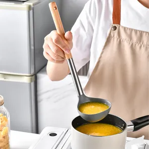 Modern heat resistant silicone soup ladle with ergonomic natural wooden handle for kitchen