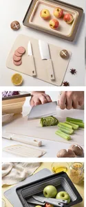 Detailed view of the portable folding cutting board set with knives for outdoor camping prep