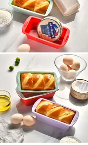 Detailed view of colorful silicone rectangular bread loaf pans with freshly baked toast